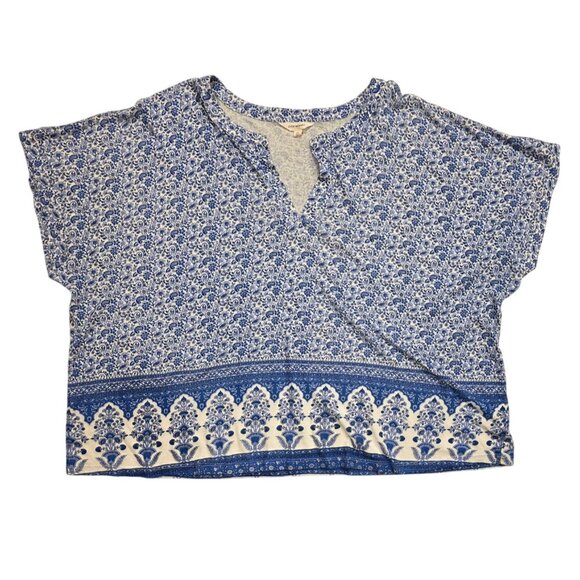 Lucky Brand Womens Blue Floral Boho Top 3X Cotton Linen Blend Plus Coastal Cotta - Picture 1 of 8